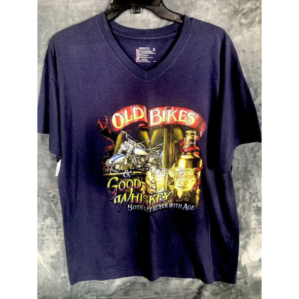 Men’s Biker T-Shirt Blue Old Bikes And Good Whiskey Size Extra Large