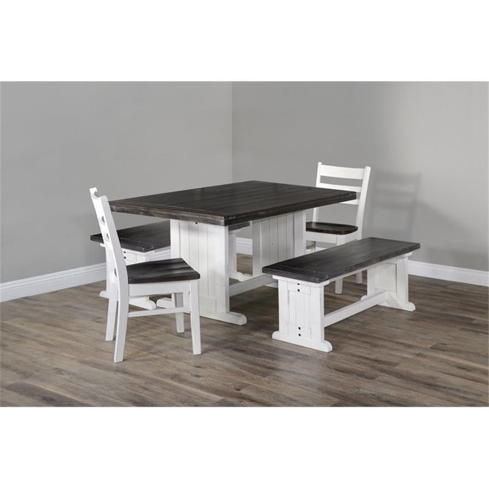 Pemberly Row Farmhouse Wood Side Bench in Off White Dark Brown, Solid Wood, Sturdy and Durable, Kitchen or Dining Seating, Farmhouse Style, Rustic Design