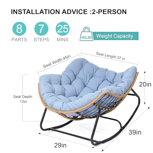 SWITTE Outdoor Rocking Chair, Patio Egg Rocking Chair, Indoor Papasan Chair, Rattan Wicker Lounge Chair, Comfy Modern Royal Chair for Bedroom, Living Room, Porch, Garden, Lawn-Blue