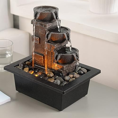 GOSSI Home Décor Imitation 3-Tier Stone Wall Tabletop Fountain Many Natural River Rock Office Relaxing Desktop Zen Waterfall Meditation Tabletop Fountain LED Lights Fountain Christmas Decorations
