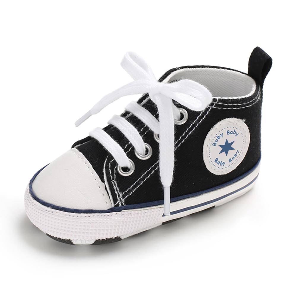 xioqen Unisex Baby Boys Girls Shoes, Newborn Infant Non-Slip Canvas Denim High Top Sneakers, Toddler First Walkers Shoes(01/Black, 0-6 Months