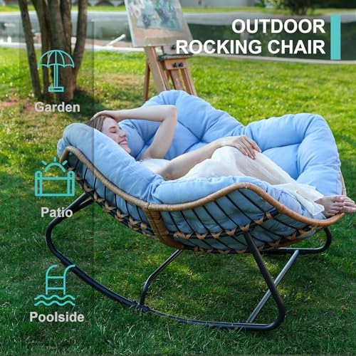 SWITTE Outdoor Rocking Chair, Patio Egg Rocking Chair, Indoor Papasan Chair, Rattan Wicker Lounge Chair, Comfy Modern Royal Chair for Bedroom, Living Room, Porch, Garden, Lawn-Blue