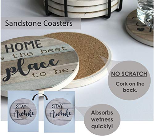 PANCHH Rustic Farmhouse Stone & Cork Coasters for Drinks, Absorbent - Set of 6 Coasters with Holder - Best Housewarming Gifts for New Home Ideas - Cute Kitchen and Coffee Table Décor & Accessories