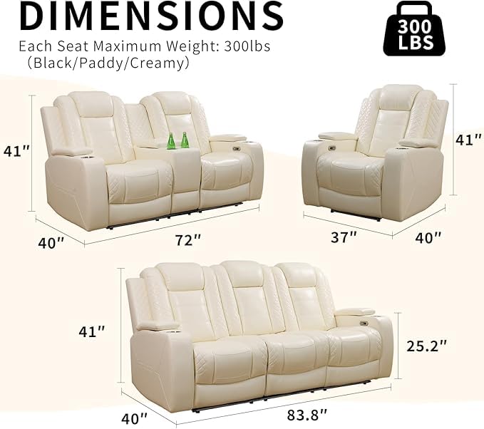 AYCP Furniture Power Recliner Set with LED Lights, Quilted Air Leather Reclining Set with USB Port/Storage/Cup Holder/Reader Light for House/Home Theater/Apt/Rv/Office (Ivory, 3PC Full Set)