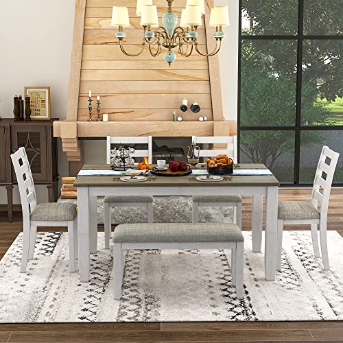 BIADNBZ Rustic 6-Piece Dining Table Set with 4 Ergonomic Designed Upholstered Chairs and Bench for Home, Apartment, DiningRoom, Dinette, Solid Wood Kitchen Furniture, 60 inch, Brown + Whitewash