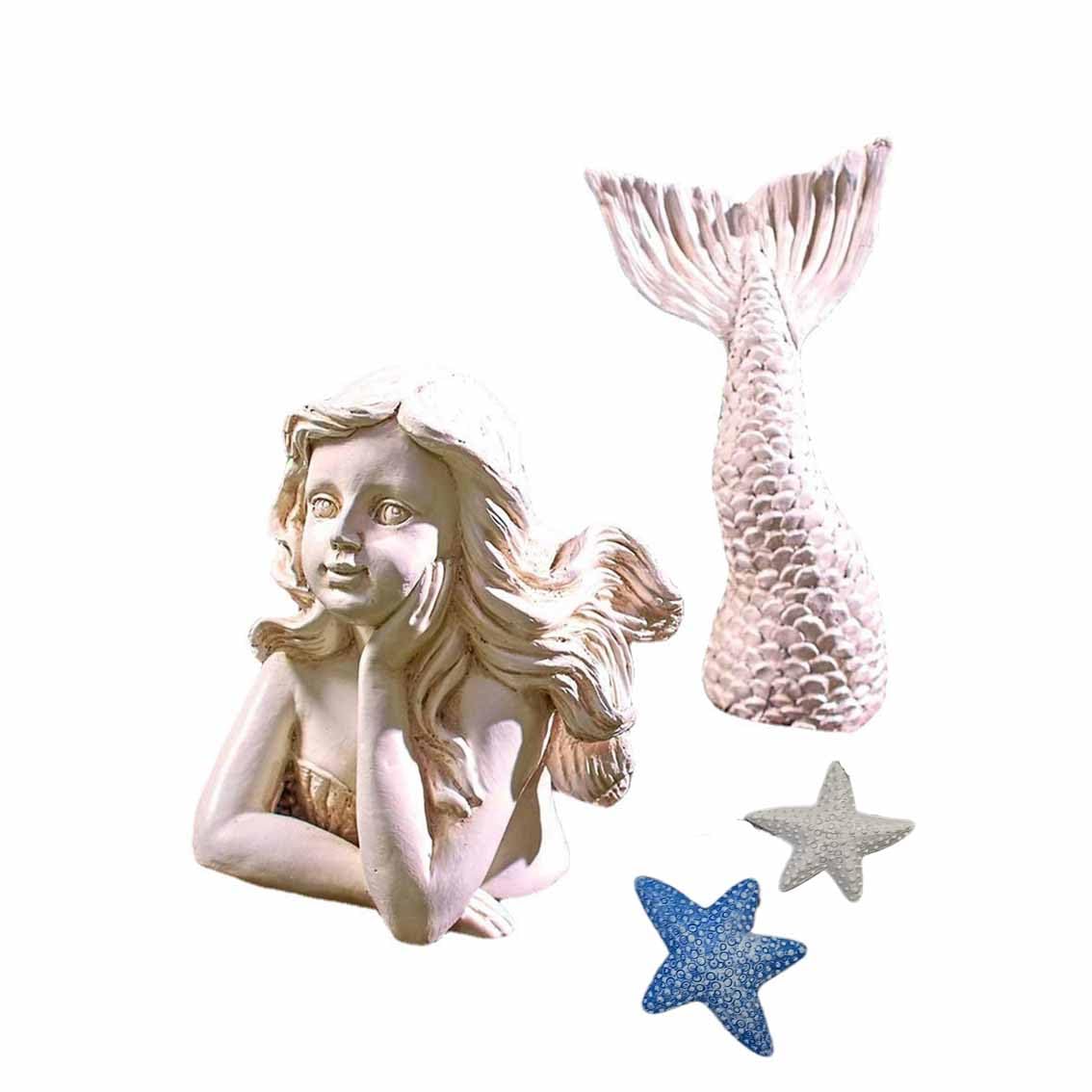 BGBWBFBR Handmade Mermaid Statue Set with Blue and White Starfish: A Beautiful Addition to Your Home Décor