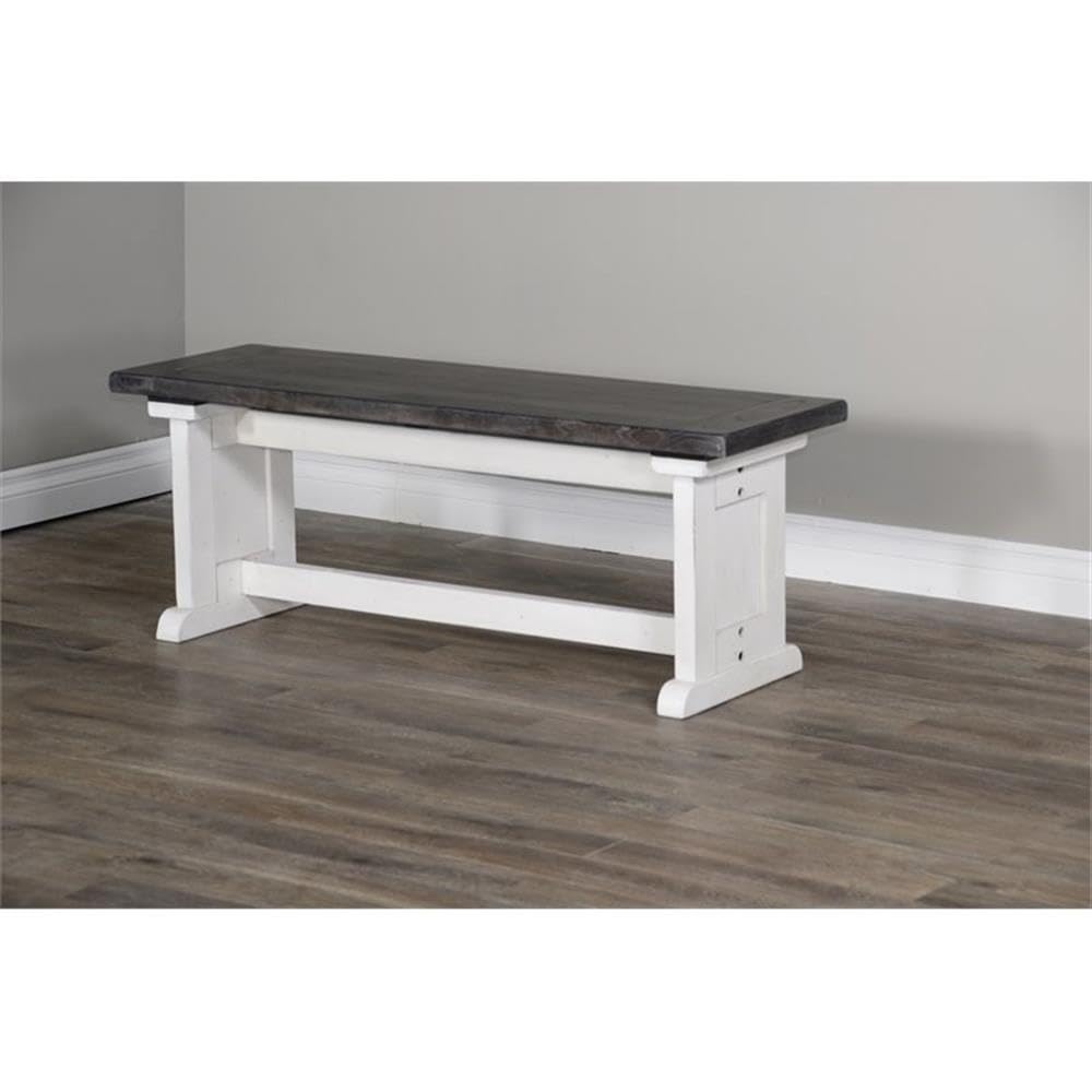 Pemberly Row Farmhouse Wood Side Bench in Off White Dark Brown, Solid Wood, Sturdy and Durable, Kitchen or Dining Seating, Farmhouse Style, Rustic Design