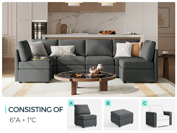 LINSY HOME Modular Sofa, Sectional Couch U Shaped Sofa with Storage, Memory Foam, 6 Seat Sectionals Chaise for Living Room, Dark Grey