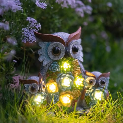 Candieslife Solar Garden Statue Lights Owl Figurine with LED Lights, Outdoor Garden Succulent Ornaments Gift Waterproof Decoration for Outside Patio Yard Lawn Decor
