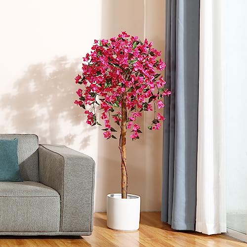 Laiwot 5FT Artificial Tree Tall Potted Fake Bougainvillea Trees for Outdoor Indoor Office Wedding Home Decor Lifelike Faux Plants with Wood Trunk and Pink Flowers