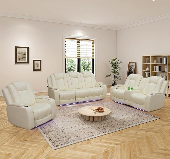 AYCP Furniture Power Recliner Set with LED Lights, Quilted Air Leather Reclining Set with USB Port/Storage/Cup Holder/Reader Light for House/Home Theater/Apt/Rv/Office (Ivory, 3PC Full Set)
