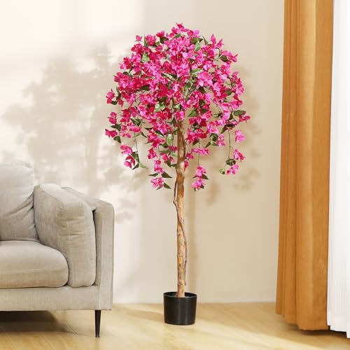 Laiwot 5FT Artificial Tree Tall Potted Fake Bougainvillea Trees for Outdoor Indoor Office Wedding Home Decor Lifelike Faux Plants with Wood Trunk and Pink Flowers