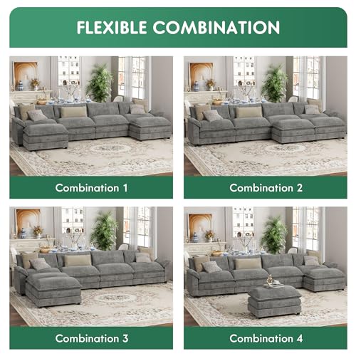 YESHOMY Sectional Modular Sofa U Shaped Chenille Fabric Couch with High Supportive & Soft Sponges and Removable Ottoman, Sleeper Comfy Upholstered Furniture for Living Room, Grey