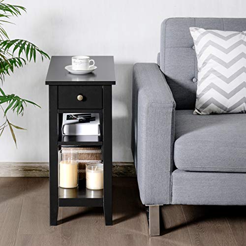 Giantex Narrow End Table Set of 2, Small Side Table with Drawer and Shelf, Wood Accent Sofa Table, Skinny Nightstand for Small Space Living Room Bedroom, Black