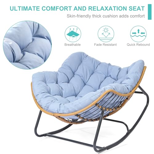 SWITTE Outdoor Rocking Chair, Patio Egg Rocking Chair, Indoor Papasan Chair, Rattan Wicker Lounge Chair, Comfy Modern Royal Chair for Bedroom, Living Room, Porch, Garden, Lawn-Blue