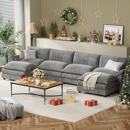 YESHOMY Sectional Modular Sofa U Shaped Chenille Fabric Couch with High Supportive & Soft Sponges and Removable Ottoman, Sleeper Comfy Upholstered Furniture for Living Room, Grey