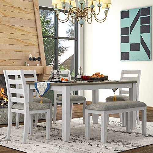 BIADNBZ Rustic 6-Piece Dining Table Set with 4 Ergonomic Designed Upholstered Chairs and Bench for Home, Apartment, DiningRoom, Dinette, Solid Wood Kitchen Furniture, 60 inch, Brown + Whitewash