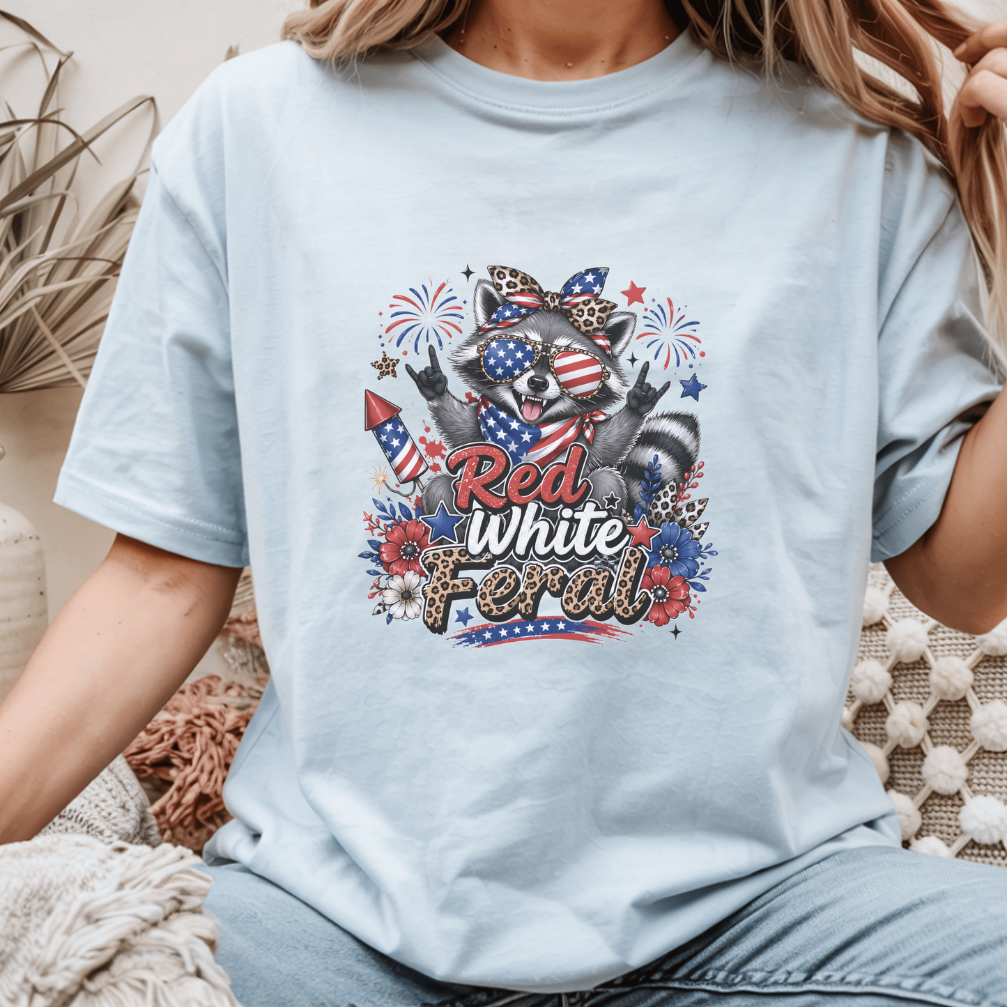 Patriotic Raccoon T-shirt, Red White Feral Graphic Tee, 4th of July Animal Shirt, Customizable Comfort Colors, USA Holiday Apparel Gift
