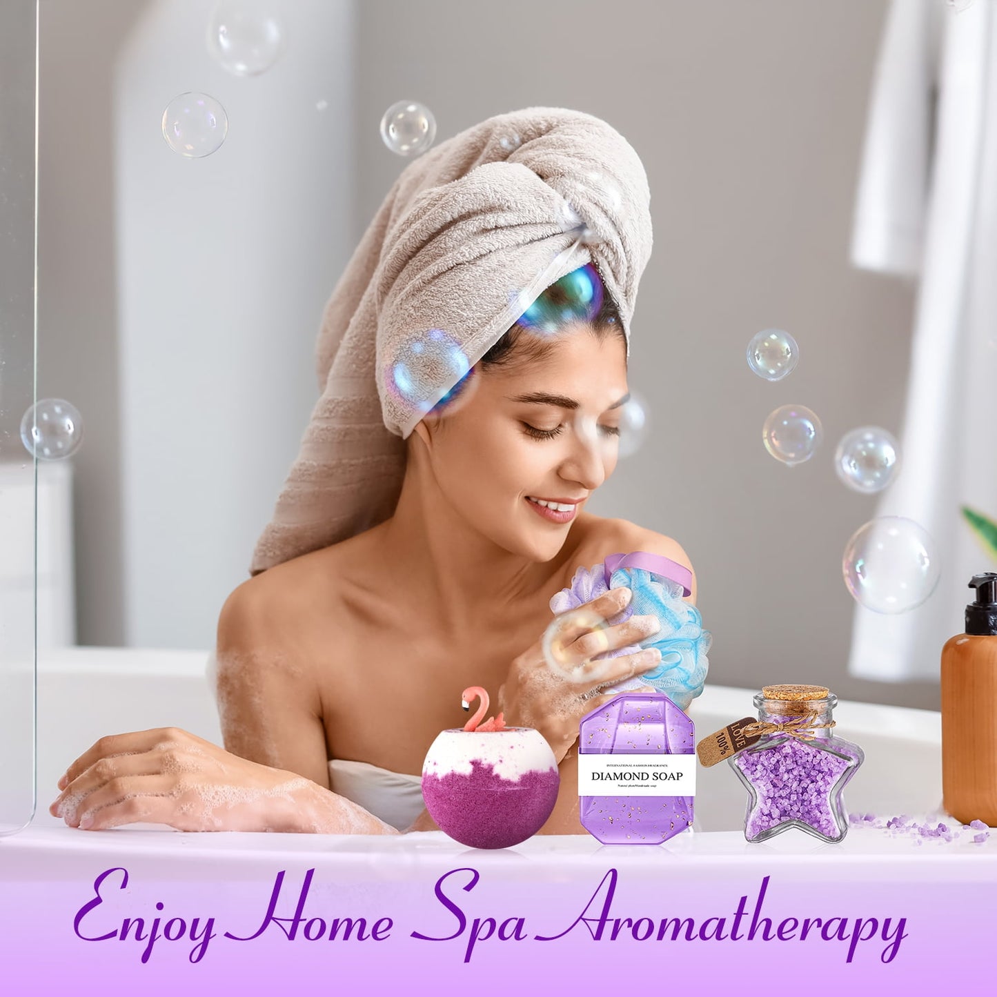 Aofmee Gift Baskets for Women, 8 Pcs Lavender Spa Body Care Set, Beauty Relaxing Mother's Day Birthday Holiday Gifts for Her, Purple