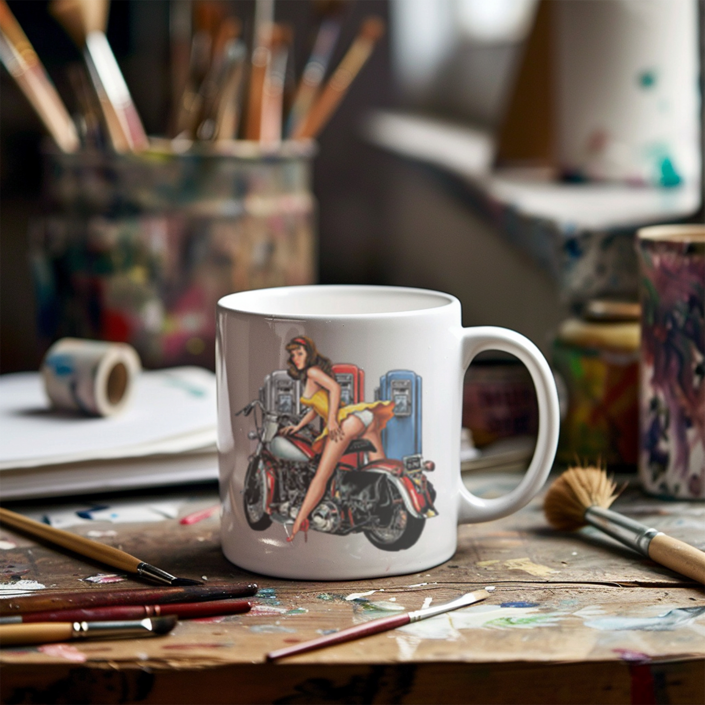 Pin-Up Girl Art Mug, Motorcycle Lover Gift, Retro Style Coffee Mug, Vintage Design Ceramic, 11oz 15oz Personalized Drinkware