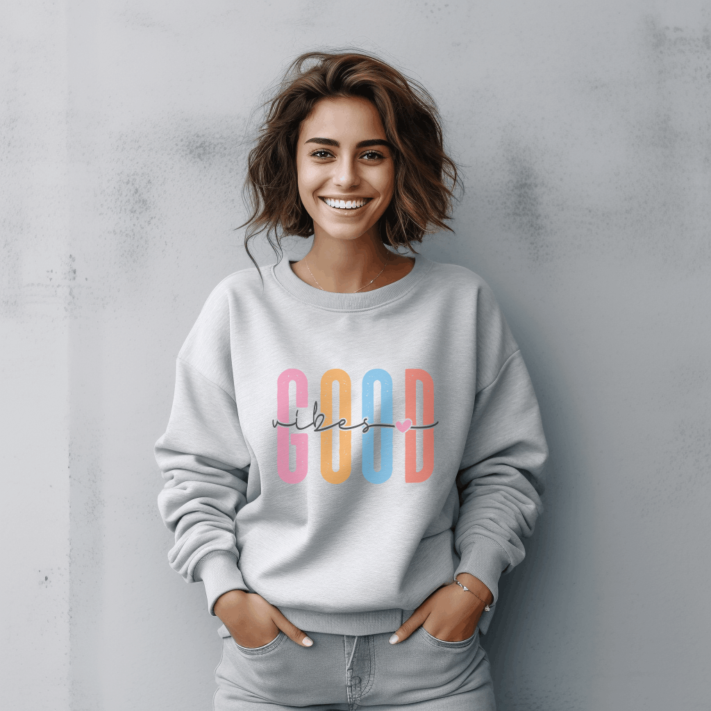 Colorful Positive Vibes Sweatshirt, Good Vibes Gift, Unisex Comfort Crewneck, Cozy Fall Apparel, Inspirational Print Top