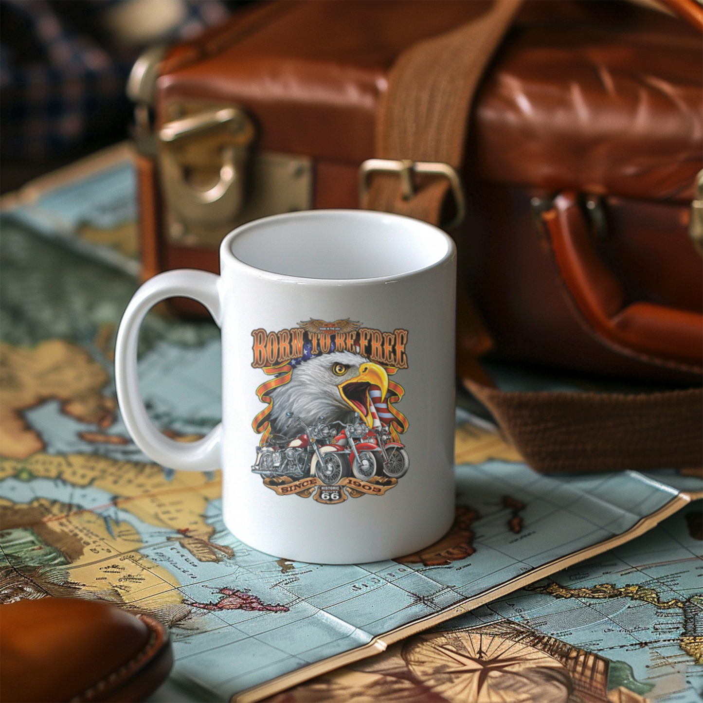 Customized Ceramic Mug, Motorcycle Design Coffee Cup, Gift for Motorcycle Lovers, Freedom Eagle Art, Personalized Drinkware