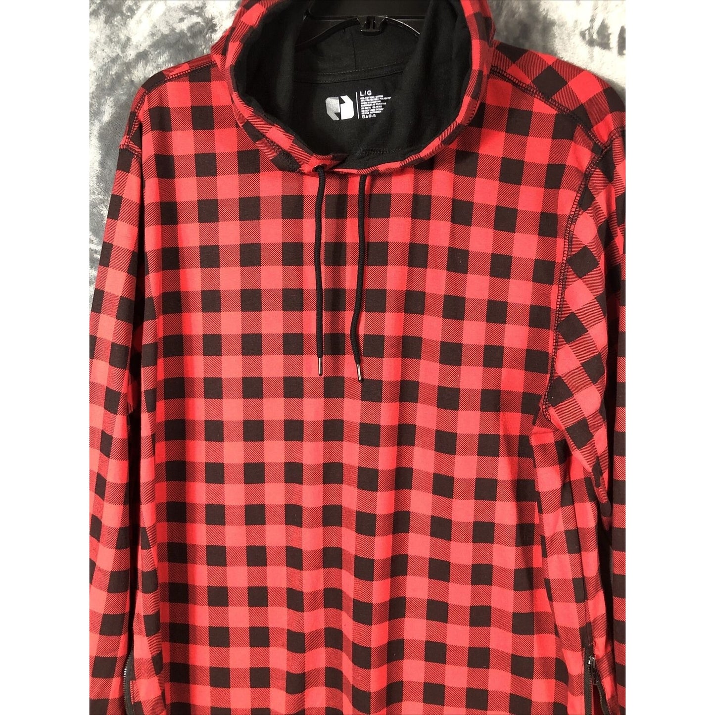 Red & Black Plaid Hoodie Men’s Large Long Sleeve With Side Zippers