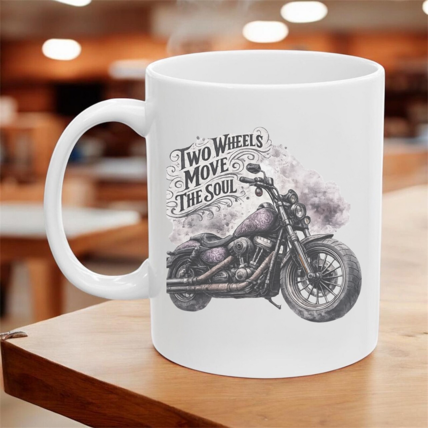 Motorcycle Coffee Mug, Two Wheels Move the Soul, Biker Gift, Ceramic Mug 11oz 15oz, Dishwasher Safe, Custom Motorcycle Design