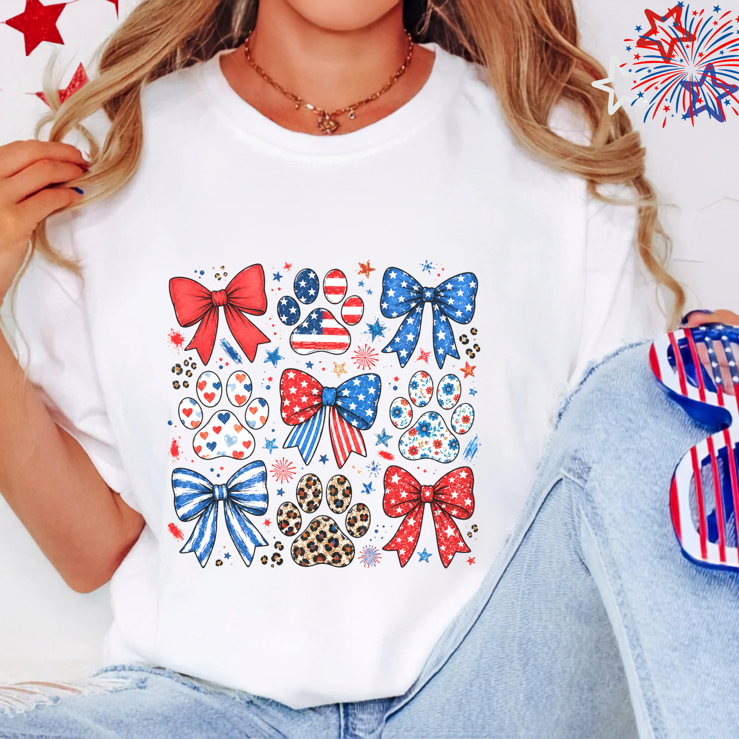 American Flag Paw Print Tshirt, Patriotic Bow Custom Tee, July 4th Animal Lover Gift, Cute USA Dog Lover Shirt, Independence Day Tee
