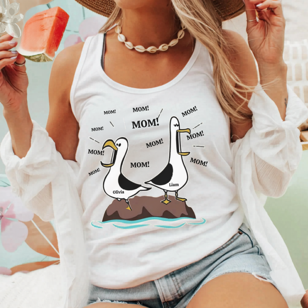 Funny Seagull Racerback Tank Top, Personalized Name Tank, Cute Mom Gift, Lightweight Comfy Top, Ideal for Summer, Casual Wear