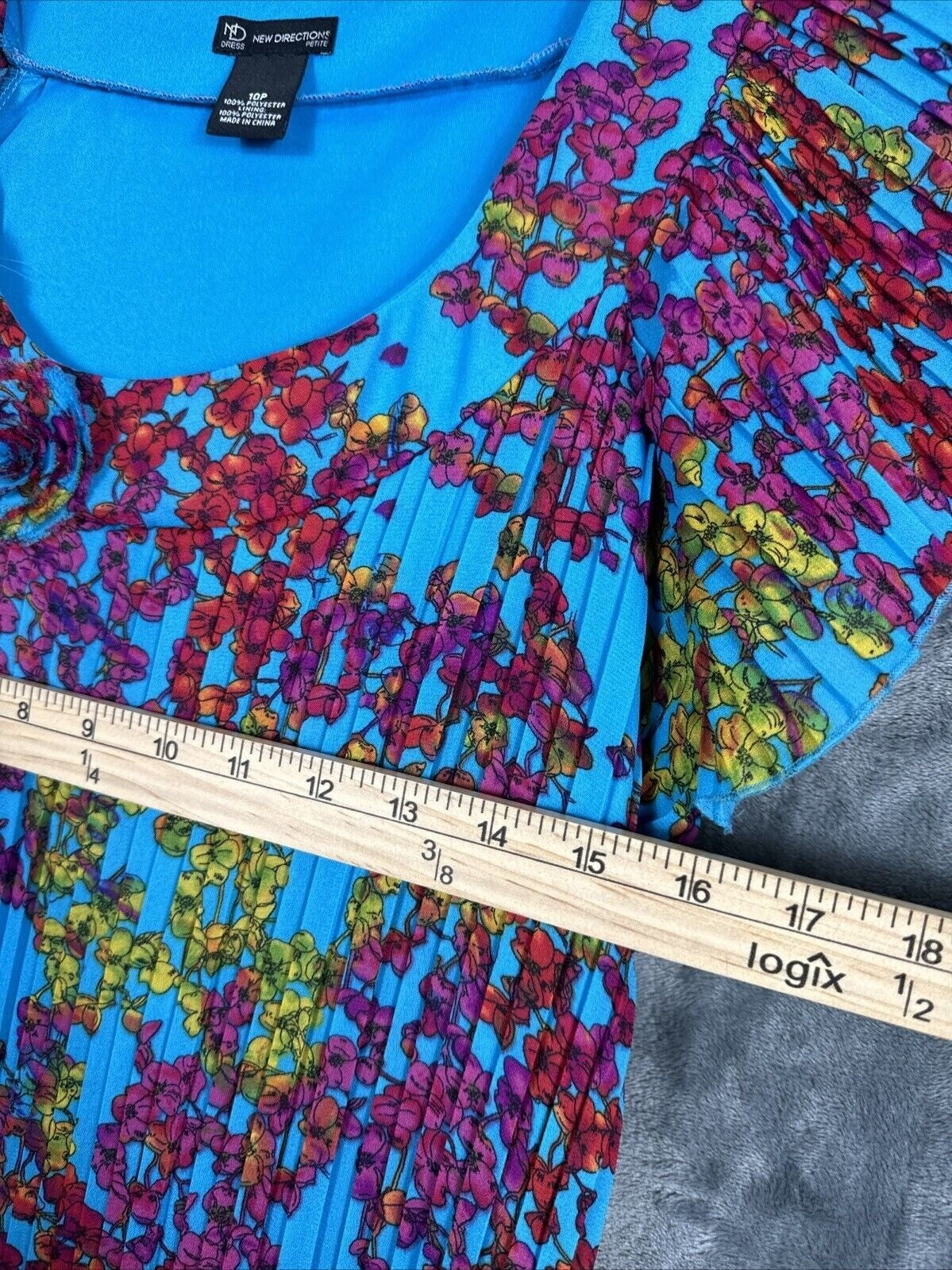 New Directions Dress Womens A Line Turquoise Blue Floral Pleated Short Sleeve