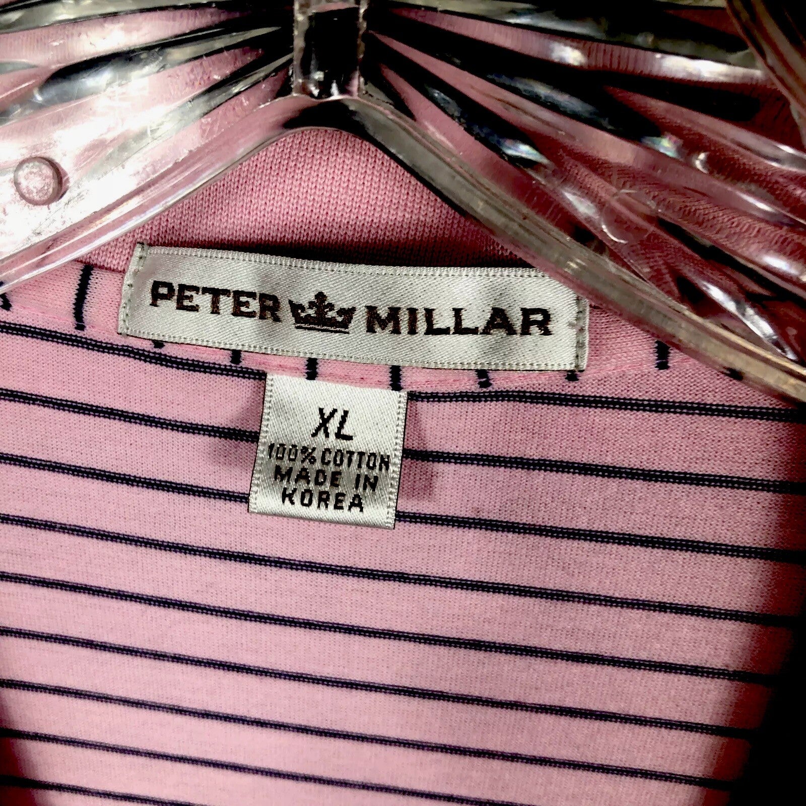 Peter Millar Men's Polo Golf Shirt Pink Stripped Extra-Large River Hills Logo