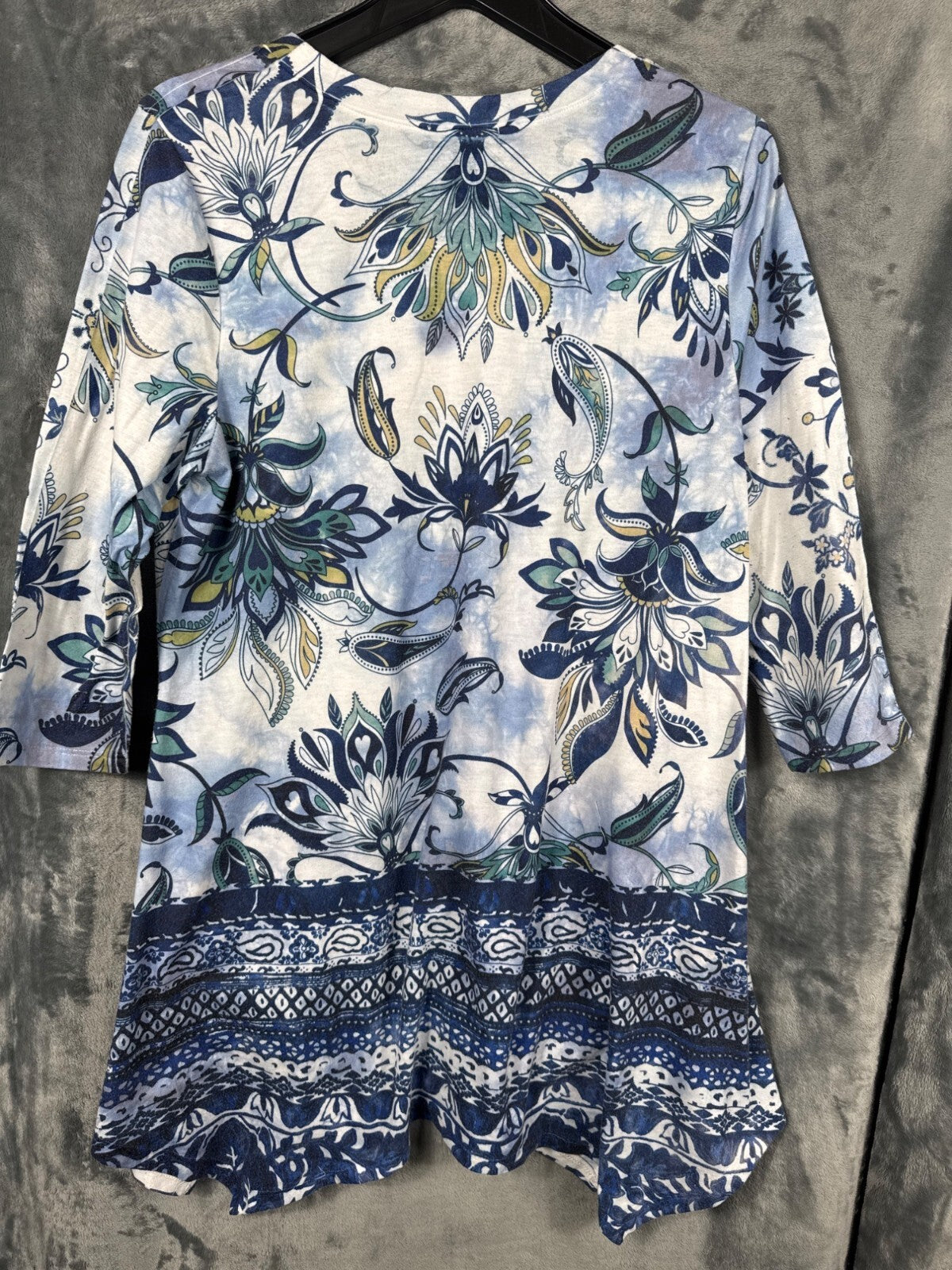 OneWorld Blouse Womens Floral Tunic Top M Blue/White 3/4 Sleeve Boho Print Shirt