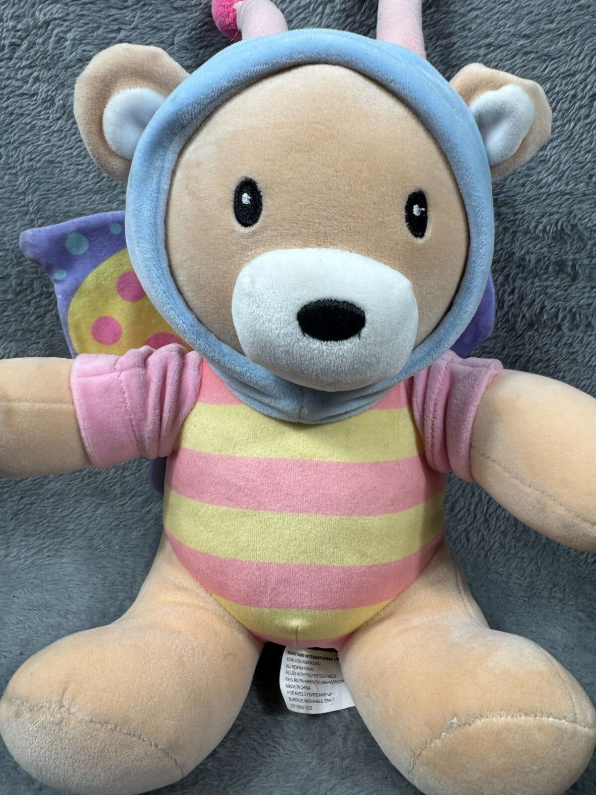 Plush Butterfly Bear With Wings & Antennae Striped Pink & Yellow Outfit Soft & C