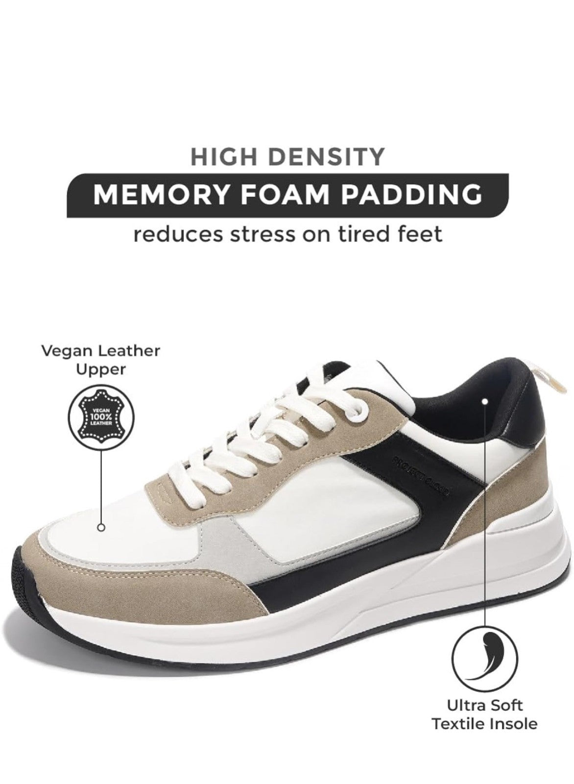 Mens Vegan Leather Sneakers By Project Cloud With Memory Foam Anti-Slip Sole