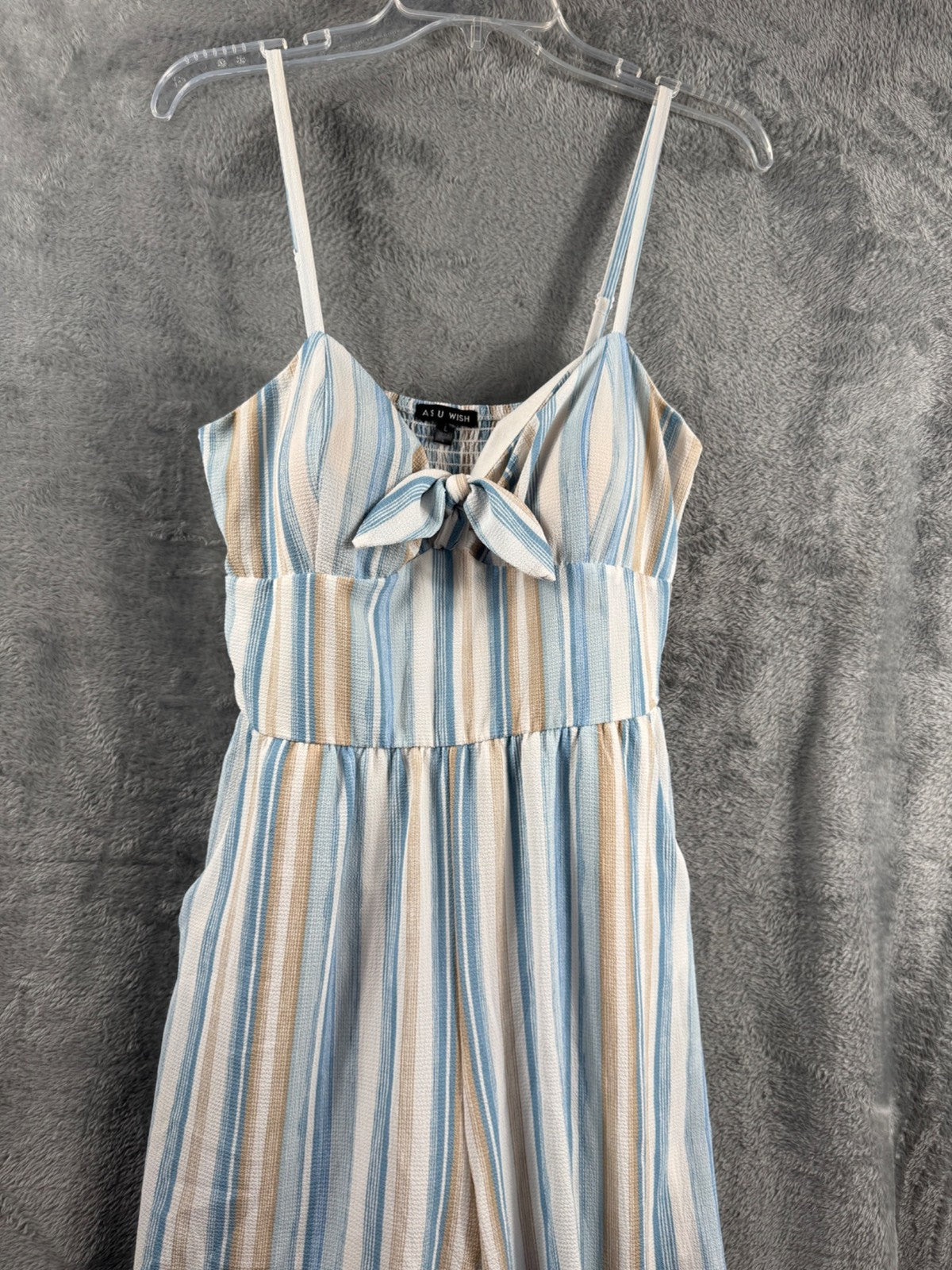 Striped Jumpsuit With Bow Front By As U Wish Size L Blue & Beige Lightweight Wov