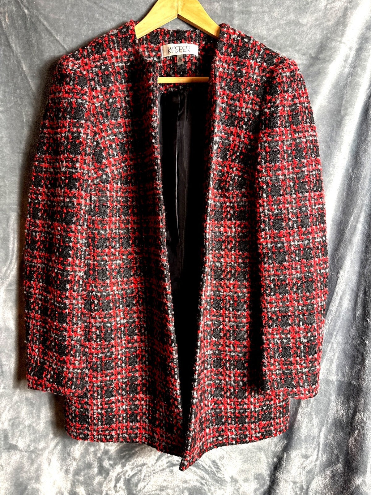 Kasper Womens Medium Tweed Plaid Open Front Blazer Jacket Made In Vietnam