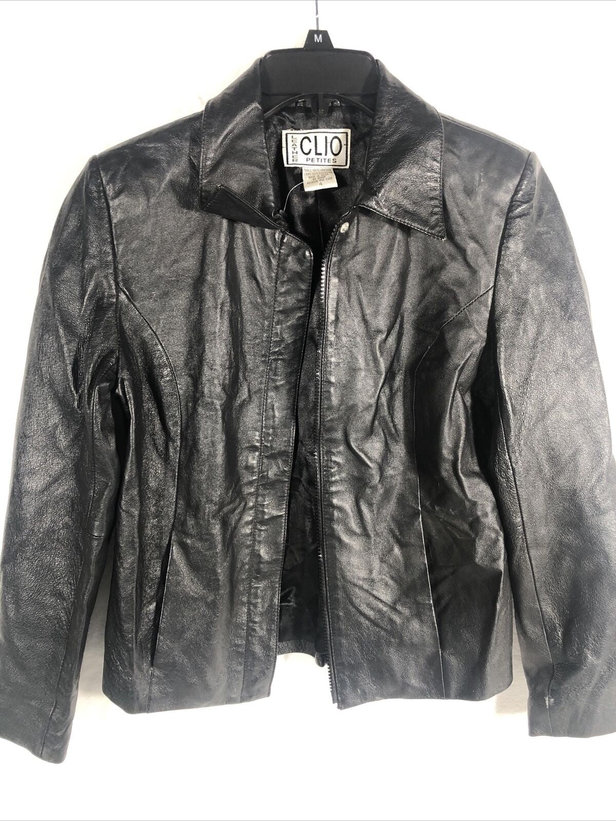 Vintage Clio Petites Black Leather Jacket Size 4 Women’s 100% Leather Moto Style
