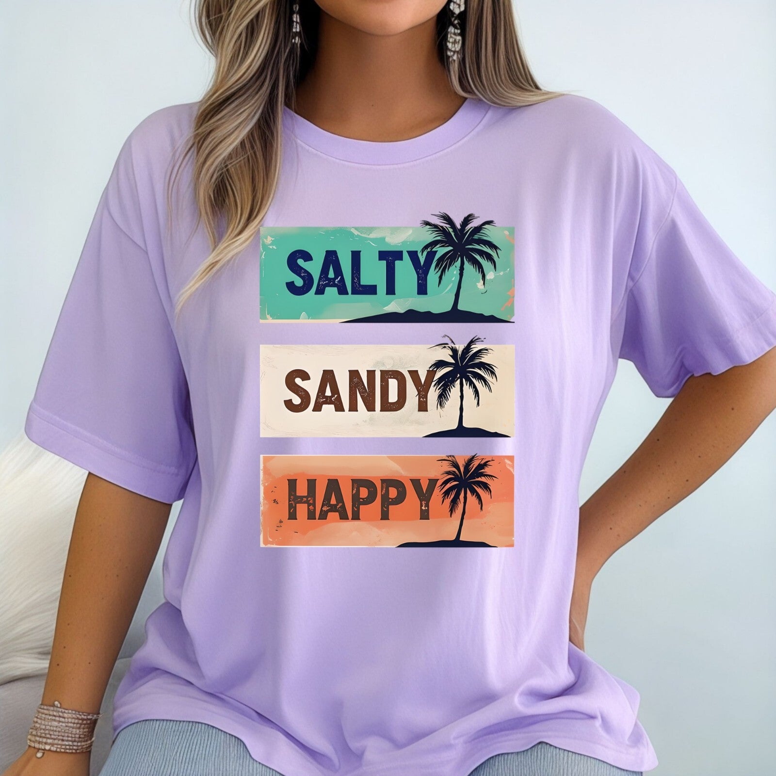 Womans Summer T Shirt Salty Sandy Happy Palm Tree Shirt Beachwear S-2XL