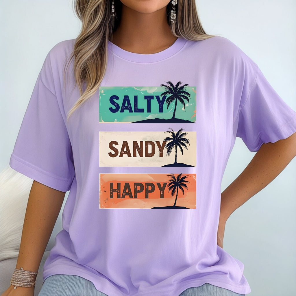 Womans Summer T Shirt Salty Sandy Happy Palm Tree Shirt Beachwear S-2XL