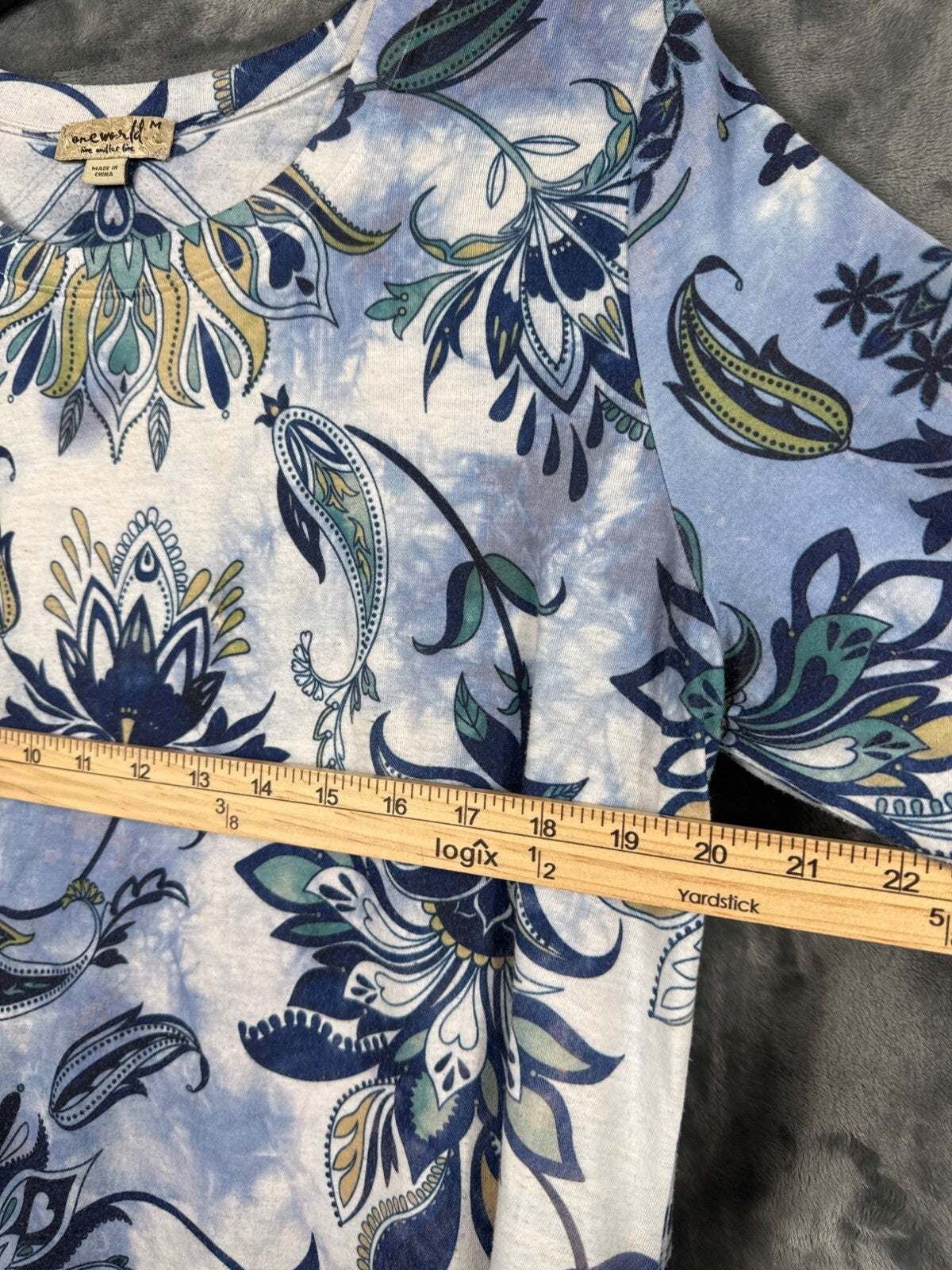 OneWorld Blouse Womens Floral Tunic Top M Blue/White 3/4 Sleeve Boho Print Shirt