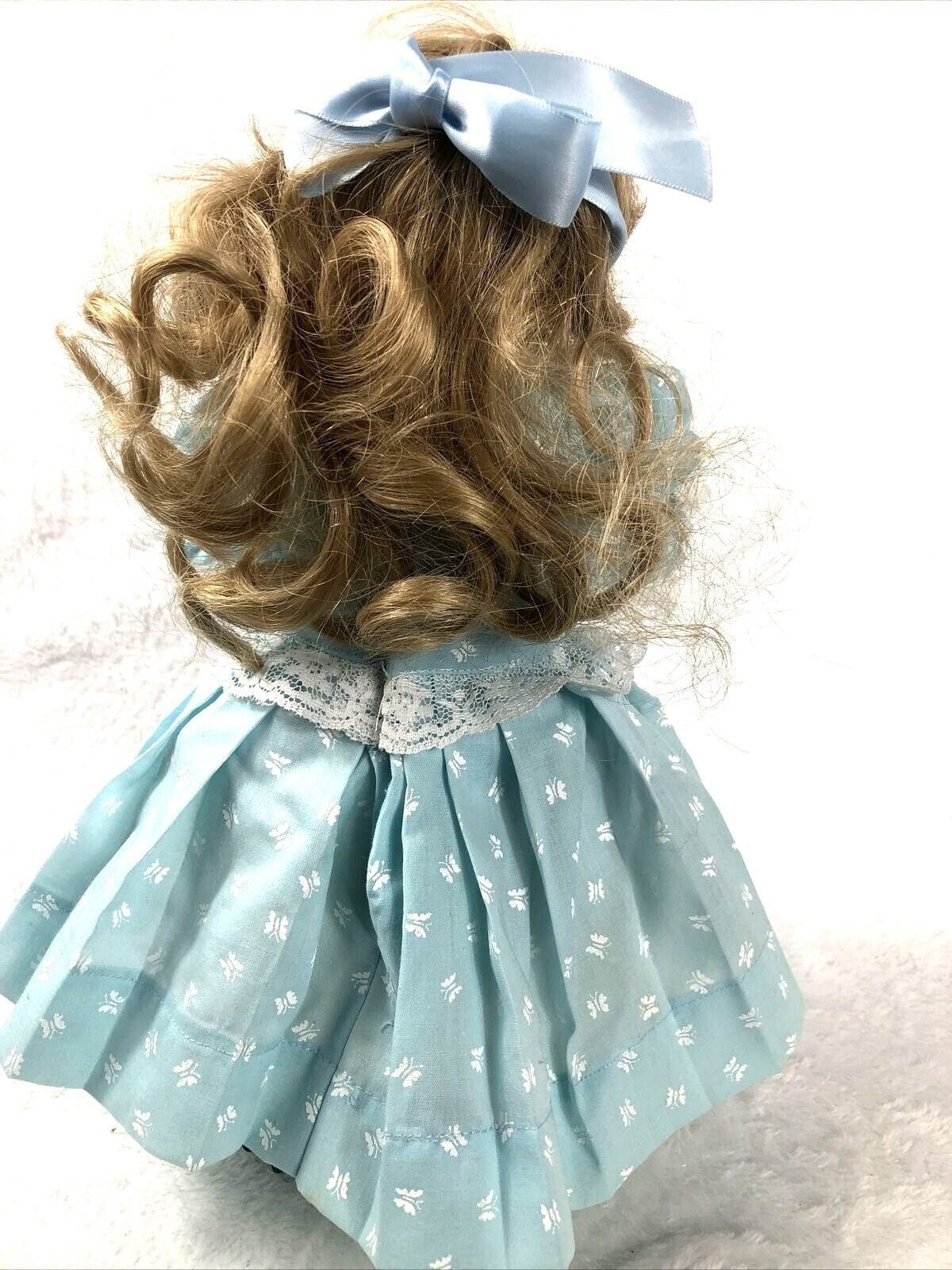 Vintage Porcelain Doll With Blue Dress & Pearls
