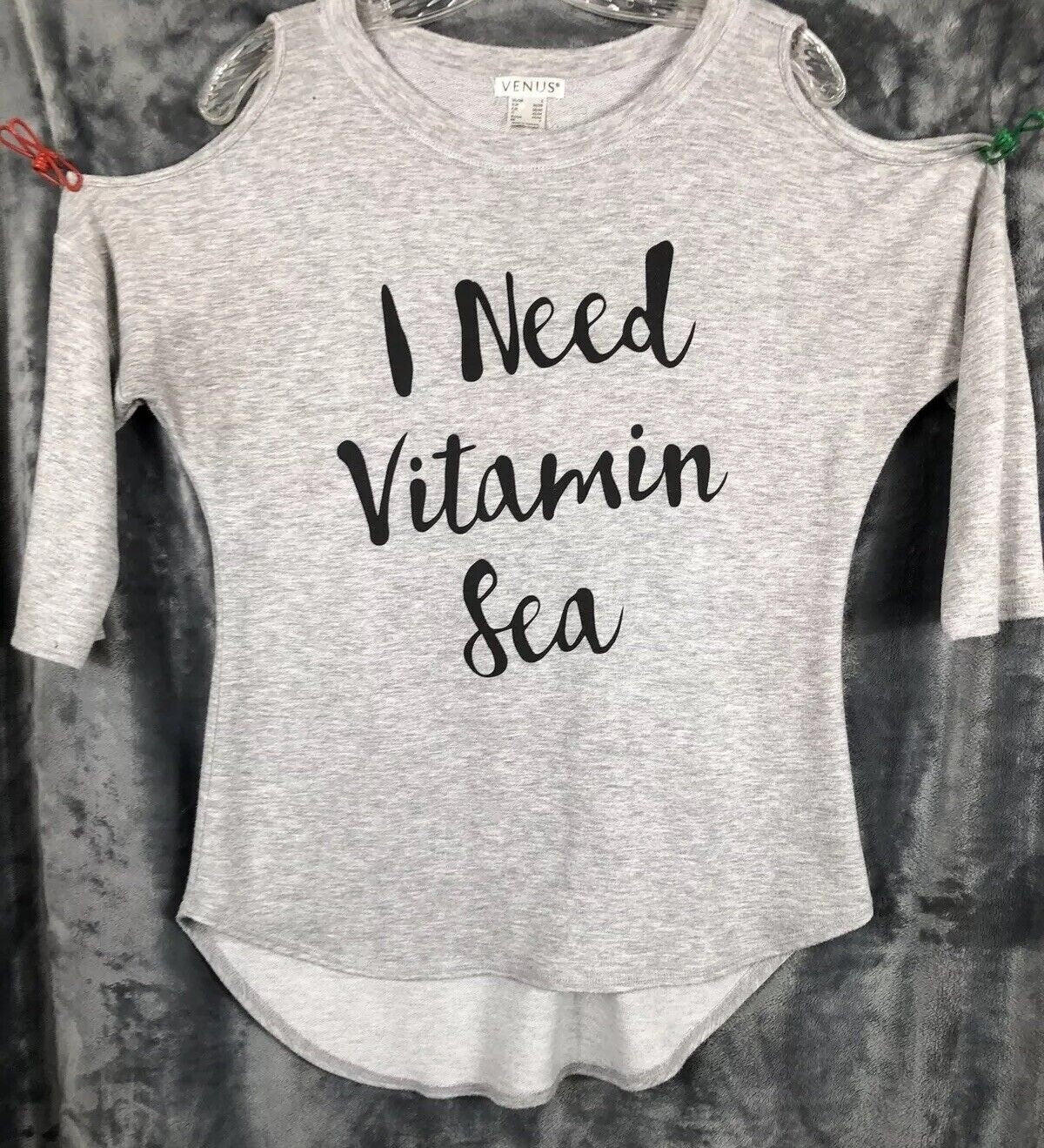 Venus Womans Shirt I Need Vitamin Sea Cold Shoulder Top Size S Grey Beach Blouse