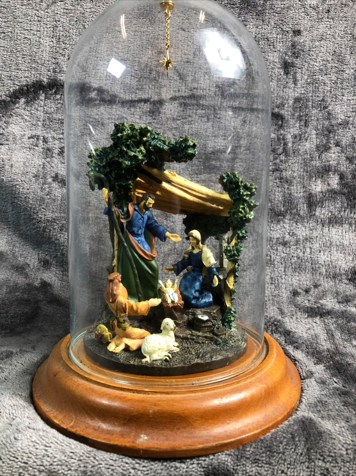 Nativity Scene Under Glass Dome With Wooden Base
