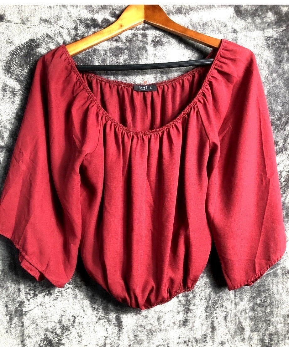 Vintage Urban Outfitters Burgundy Off-The-Shoulder Blouse Billowy Sleeves Elasti