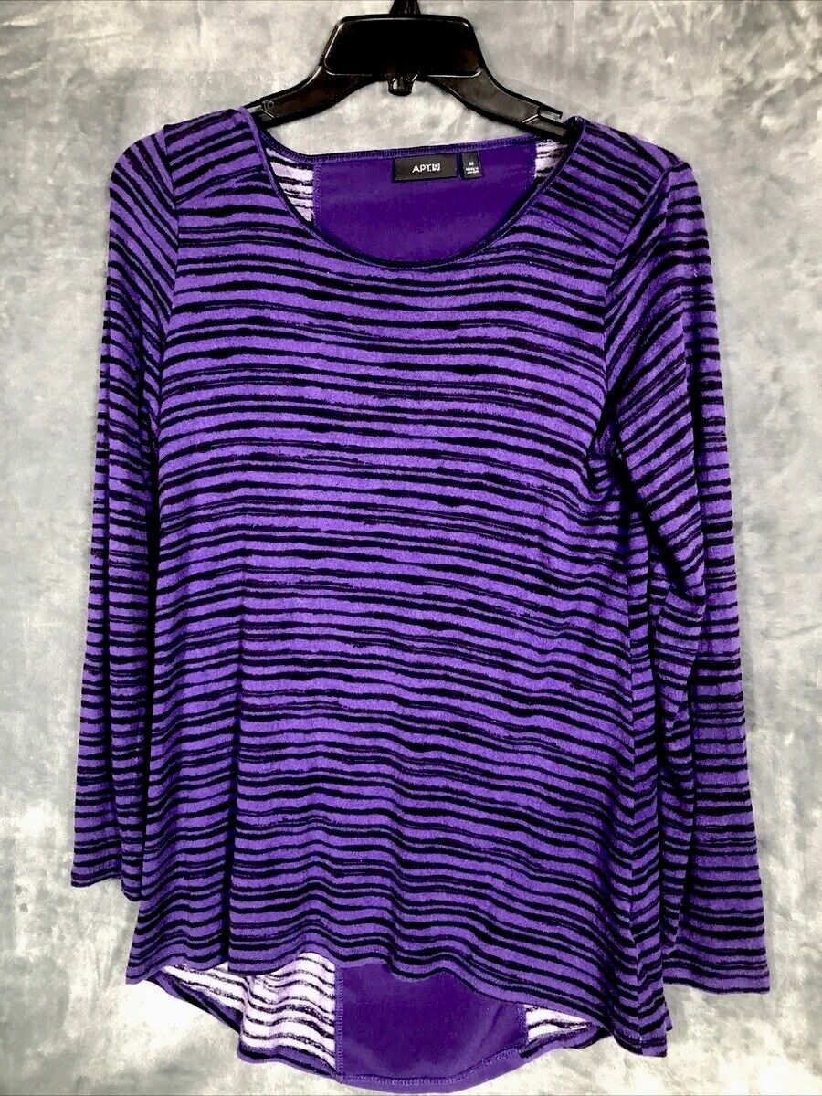 APT 9 Shirt Women’s Long Sleeved Purple/Black Striped Tops Adult Size Medium
