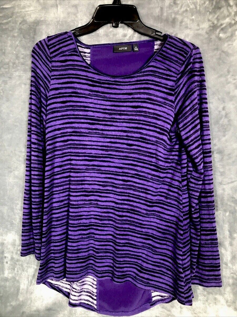 APT 9 Shirt Women’s Long Sleeved Purple/Black Striped Tops Adult Size Medium