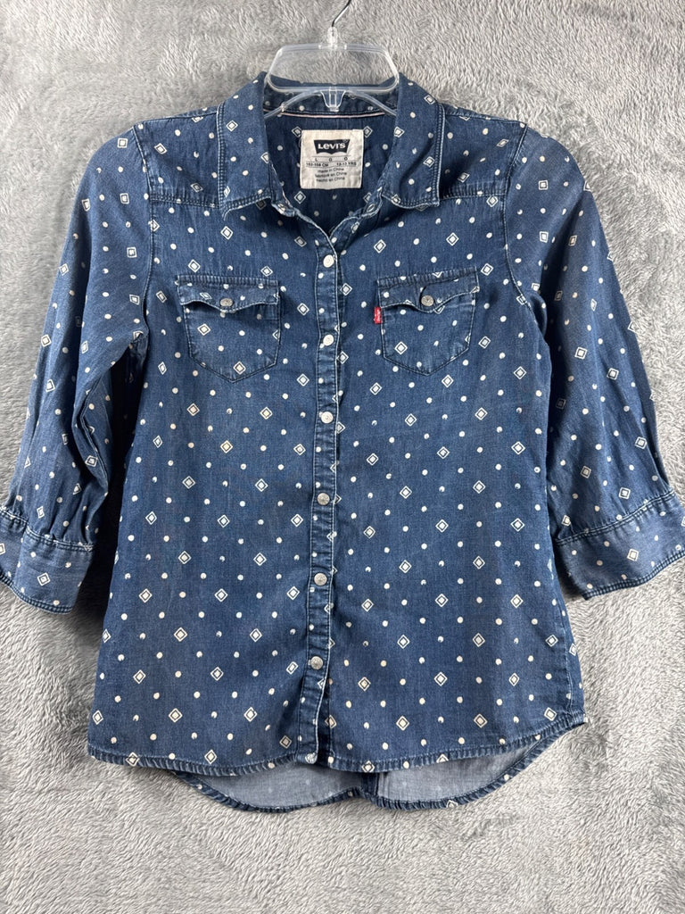 Levis Blue Denim Shirt W/ White Geometric Print Button-Down Front Long Sleeves