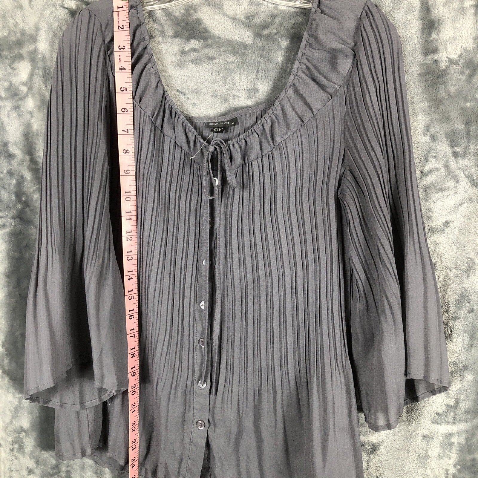 Piano Gray Pleaded Button Blouse Womens Size M