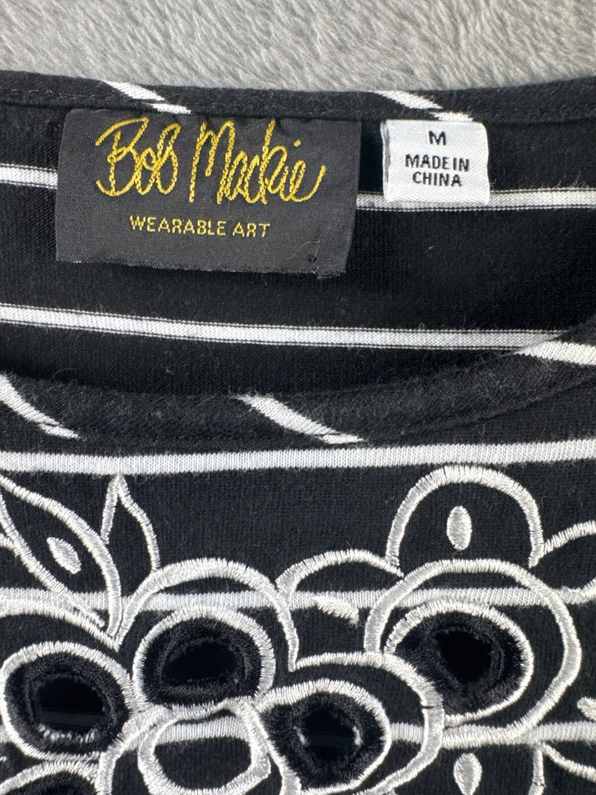 Bob Mackie Wearable Art Black & White Striped 3/4 Sleeve Top With Floral Embroid
